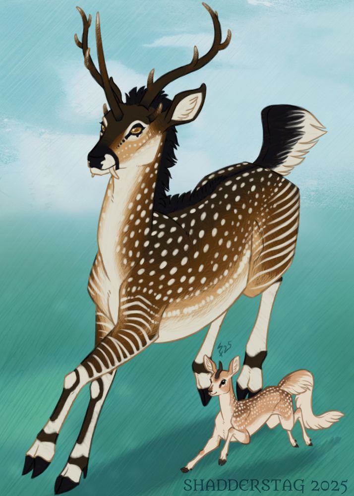 Illustration of two ungulates running. The bigger one is a fantastical version of the extinct hoplitomeryx, a deer-like ruminant that had two pronged horns over its orbital bones, a central nasal horn and two protruding canines; this one has a long unicorn-like horn and antlers instead. They are various shades of brown with cream and black, as well as spots and stripes similar to fallow deer and okapis. Their eyes are a warm light brown. The smaller one is a unicorn that is a strange mix of greyhound body, deer legs, and long saluki-like tail. She has a singular curved horn, big black eyes, and is a fawn color with a cream underside and darker brown back. She's covered in fawn spots. The background is an abstract, dreamy field of grass with a blue sky and white clouds.