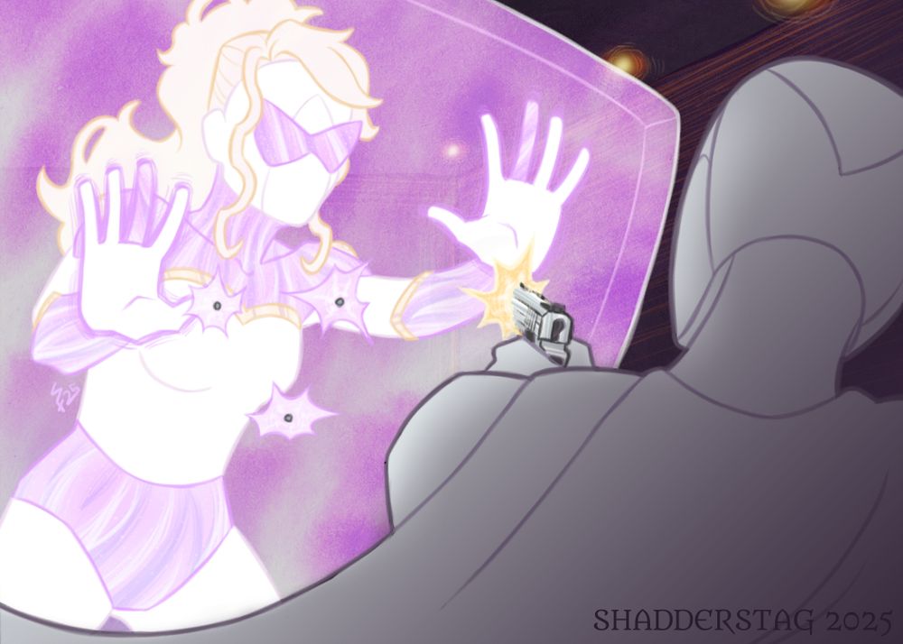 Illustration of two characters, the one in the foreground in shadow but wearing all white armor and a cape, holding a pistol that they're firing at the other character, who's a female hero in white and purple with gold trim and blond hair, putting up a hard light shield to block bullets.