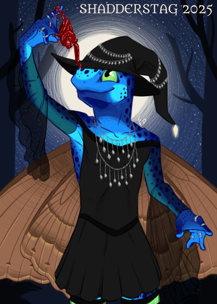 Illustration of an anthropomorphic blue poison dart frog with black witch moth wings. She's various shades of blue with spots, webbed fingers, and green eyes. Her moth wings are various shades of brown. She's wearing a black dress with transparent bell sleeves, a black hat witch hat with silver chains and a glowing charm on the tip, thigh high black and green striped socks, as well as several silver necklaces and rings. She has one arm raised with a small red common vampire bat clinging to her fingers, with one wing resting on her hat. The bat is made of blood and is dripping on her fingers and hat. She's looking up at it and smiling. Behind her is a night sky with a full moon and stars, with the silhouettes of dead trees behind her.