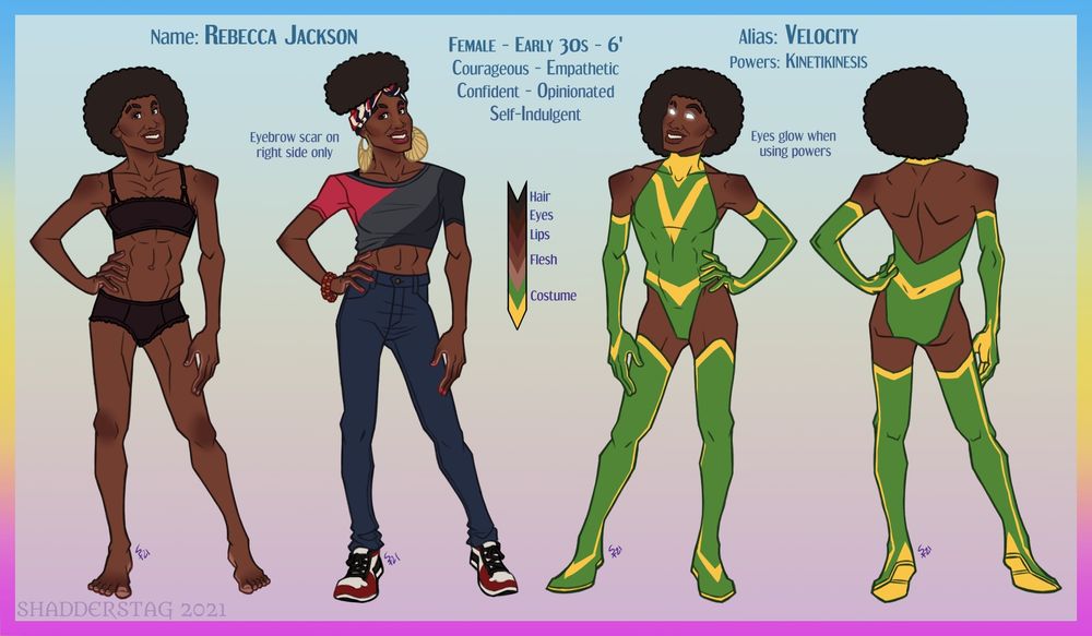 A reference sheet for my OC Rebecca AKA Velocity. She's a Black trans woman with a slim muscled build, a medium dark brown fro, and dark brown eyes. In the first pose she's wearing lacy black underwear, in the second she's wearing a headscarf, big gold hoop earrings, a croptop, skinny jeans, and sneakers. In the third she's wearing her superhero outfit, and the fourth is a back view. Her eyes glow white as a hero, and the outfit is a leotard with gloves that go up to her biceps and boots that go up to her thighs.

Name: Rebecca Jackson
Female - Early 30s - 6'
Courageous - Empathetic - Confident - Opinionated - Self-Indulgent
Alias: Velocity
Powers: Kinetikinesis
Notes: eyebrow scar on right side only, eyes glow when using powers