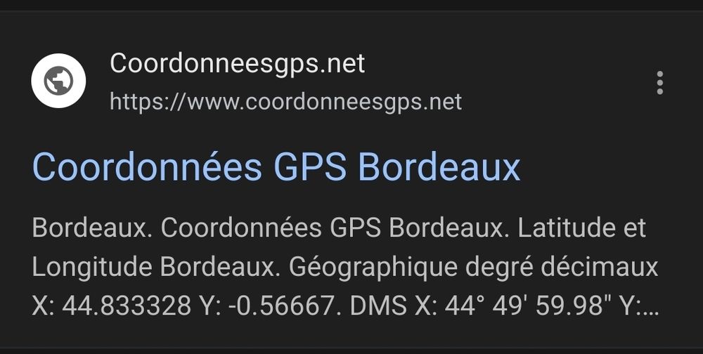 Capture d'écran des coordonnés gps de bordeaux. Premier résultat de google.