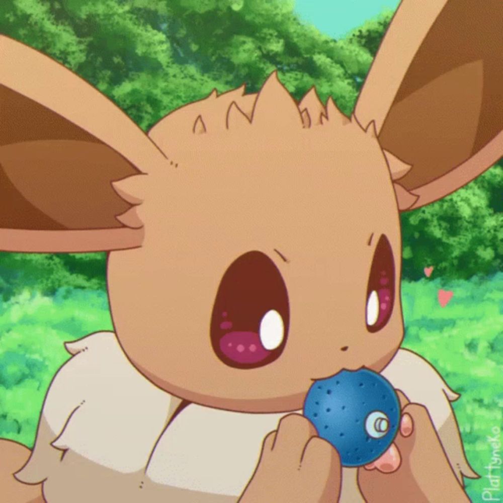 a drawing of an eevee eating a blue ball with a watermark that says partymeiko