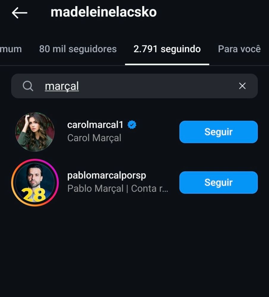 Print do insta da Laskco, parte de "seguindo"
Está escrito "Marçal" na pesquisa e mostra a conta do pablo Marçal sendo seguida.