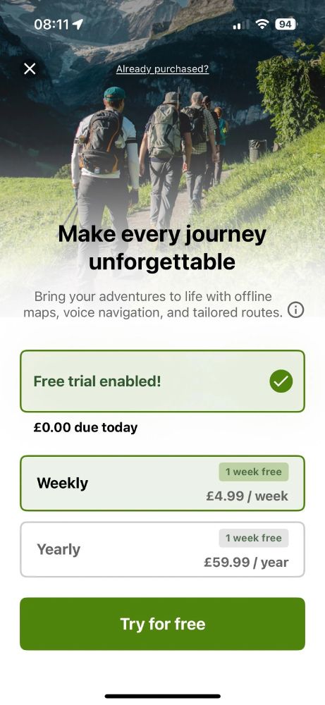 Screenshot of Komoot's £4.99/week subscription "offer"