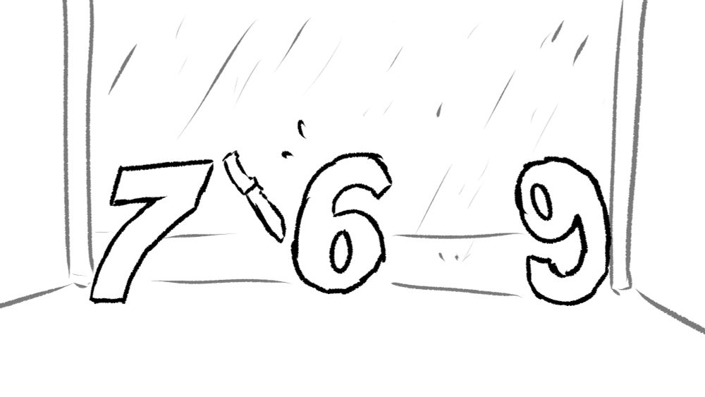 Three numbers are present, 7, 6, and 9. 7 is holding a knife, 6 appears to be visually distraught, and 9 is facing toward 7, while faceless, they are still able to emote. In the background it shows all 3 numbers in an alleyway, with rain beyond the alley.

This scenario originates from the classical joke, "7 ate 9".