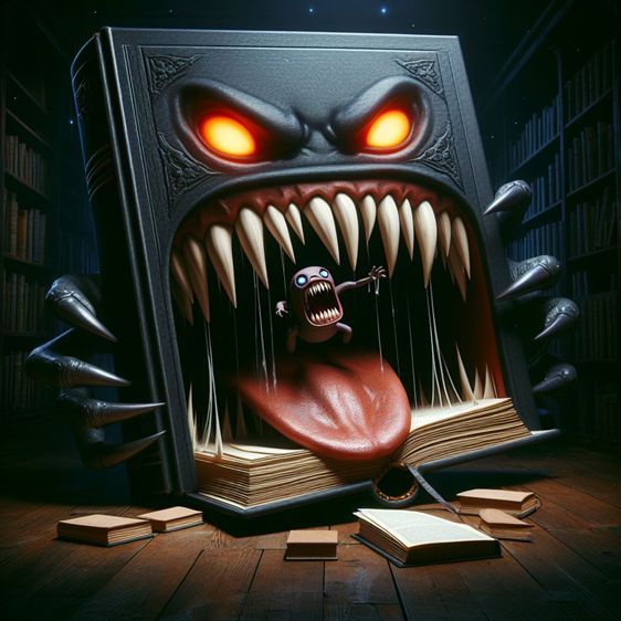 A large evil journal with teeth and talon and glowing eyes eating a smaller journal. 