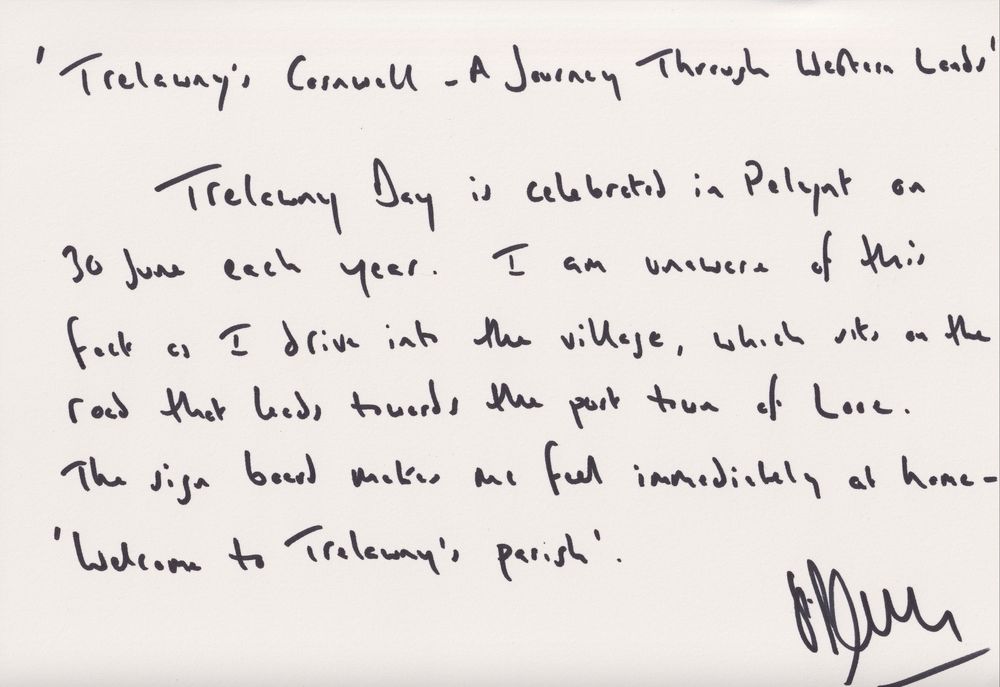 Handwritten card by Petroc Trelawny for ThreePeashelp auction 