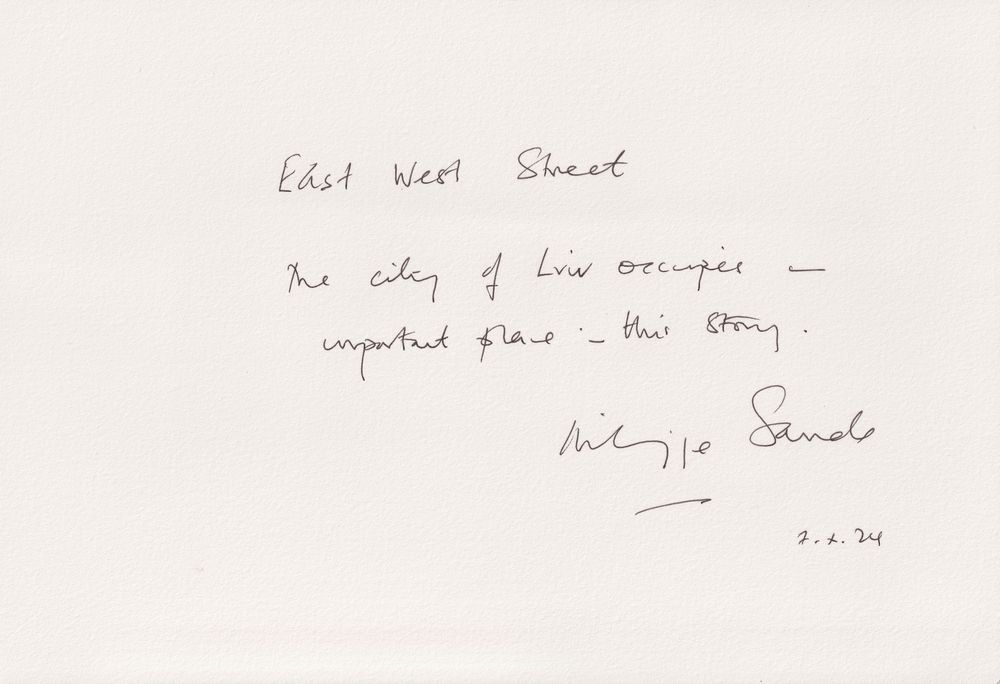 Handwritten card by Philippe Sands of the first line of East West Street 