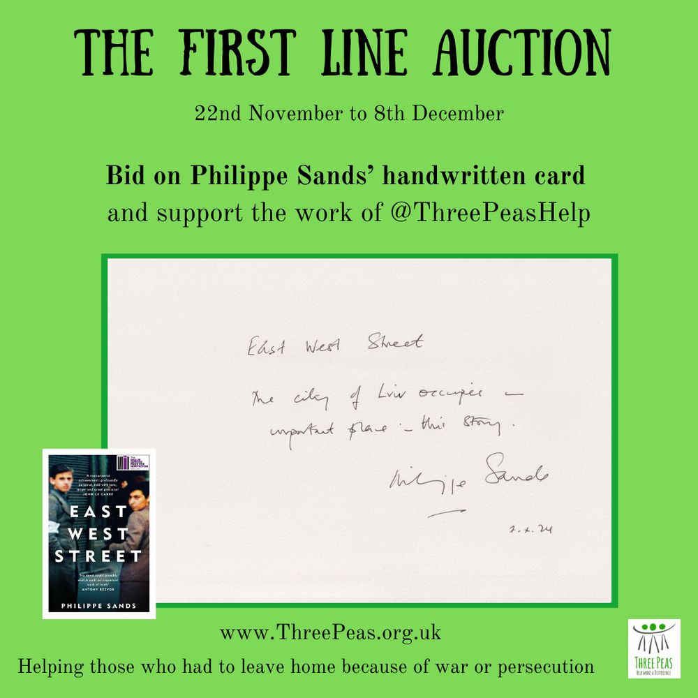 Handwritten card by Philippe Sands of the first line of East West Street for auction 
