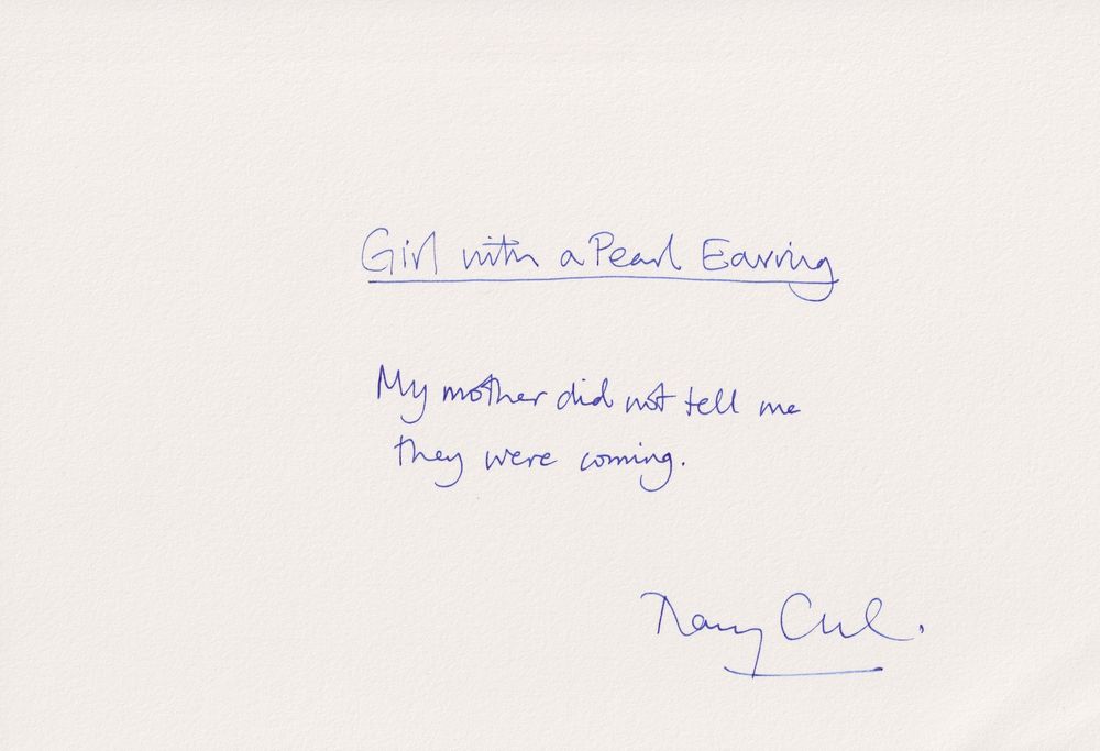 Tracy Chevalier hand written first lines of Girl with a Pear Earring for Three Peas