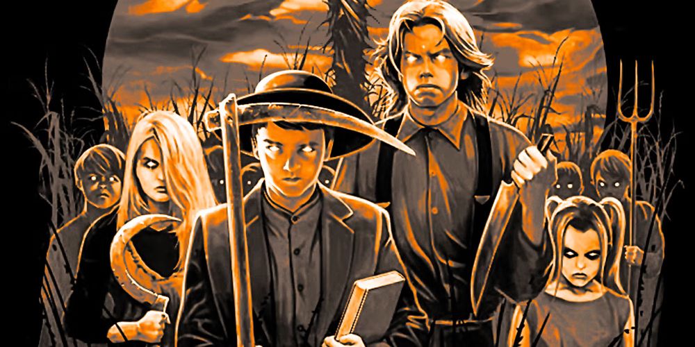 Kids with blank staring eyes carrying pitchforks and knives.