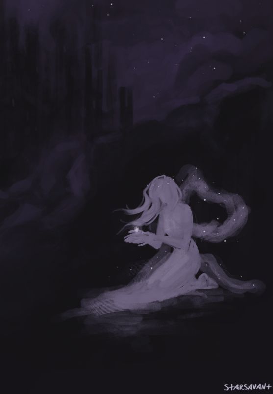 A monochromatic image with a purple tint. The background is a cloudy sky with a few stars peeking through and tall structures loom in the distance. In the foreground a pale figure kneels in darkness, wearing a floating shawl dotted with stars. In her hands she cradles a small but bright white light. Her hope.