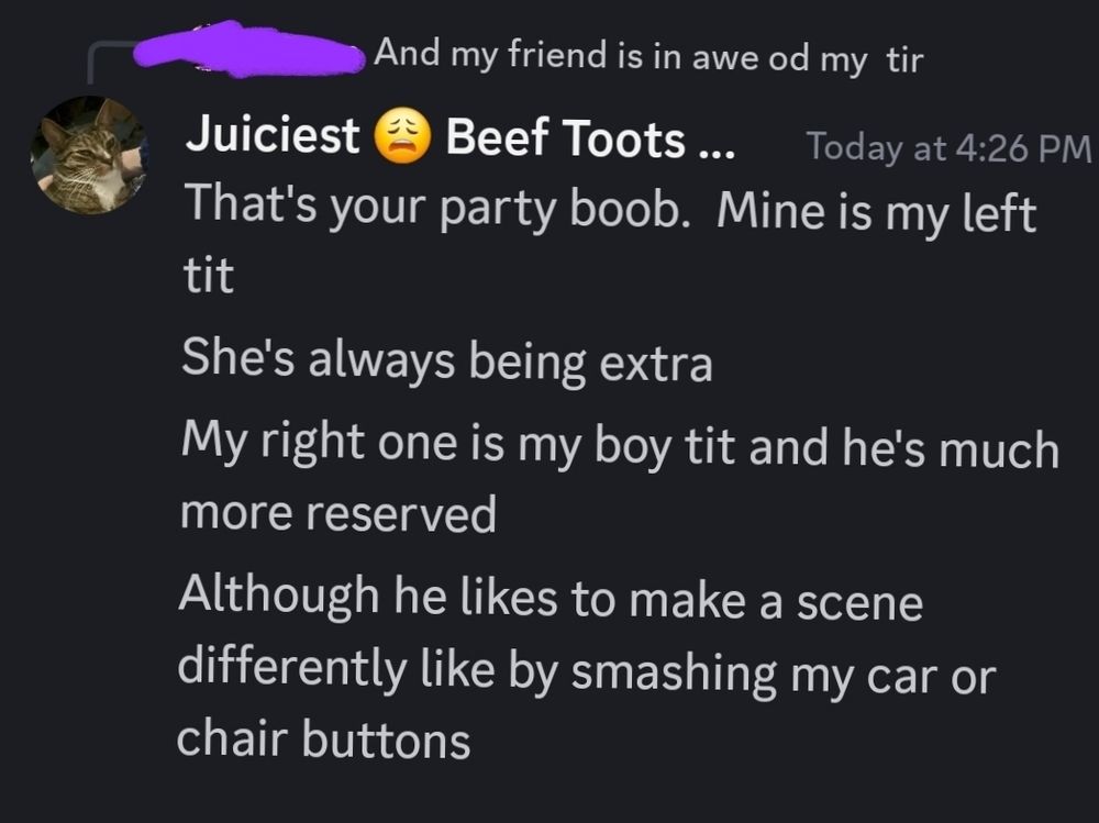 Someone on discord with the nickname Juiciest Beef Toots replying to a message "And my friend is in awe of my tit"
 
With "That's your party boob. Mine is my left tit

She's always being extra

My right one is my boy tit and he's much more reserved

Although he likes to make a scene differently like by smashing my car or chair buttons"