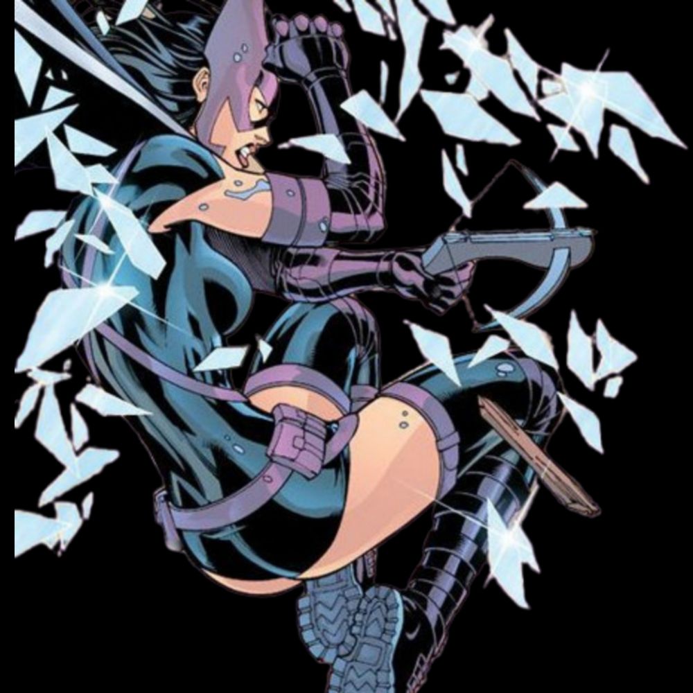 An edited image of huntress breaking through glass.