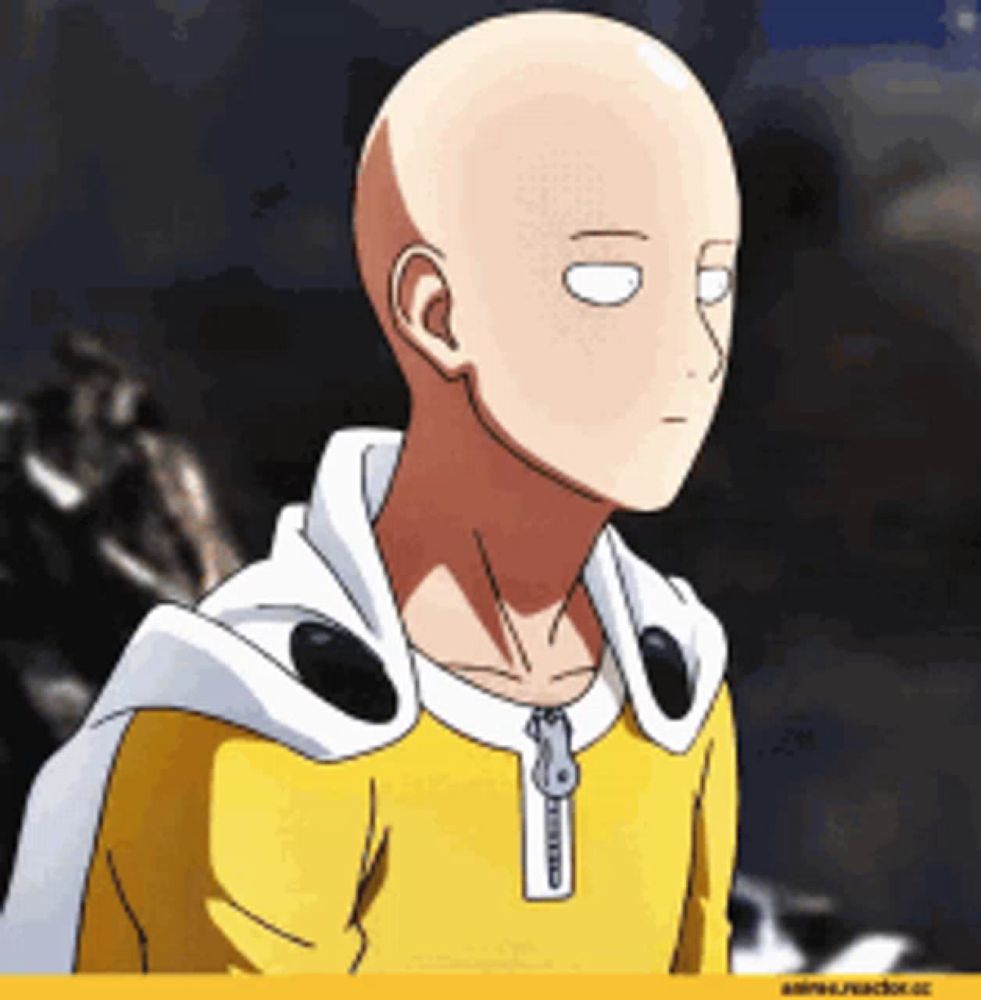 a cartoon character with a bald head and white eyes