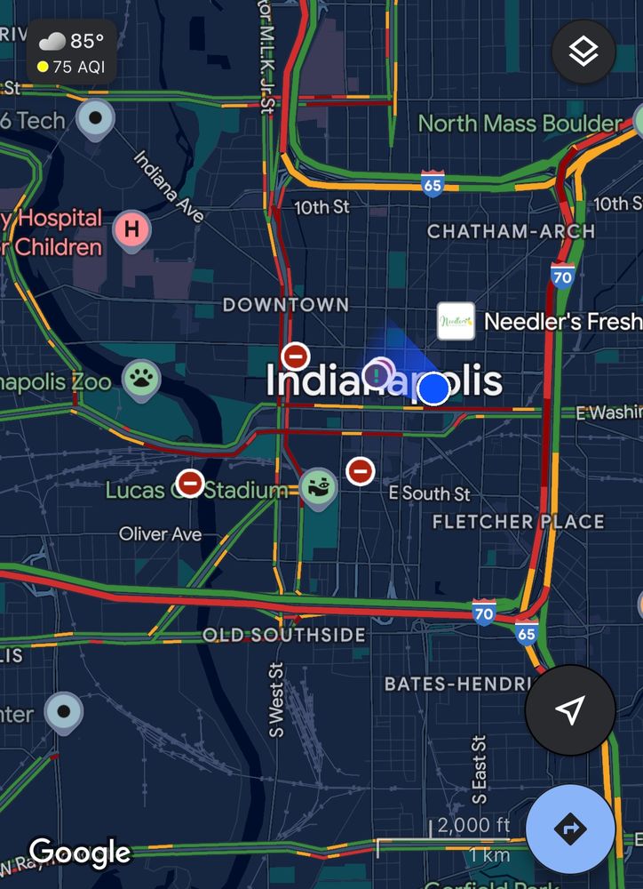 A map showing stopped traffic on nearly every ingress and egress of downtown Indianapolis 