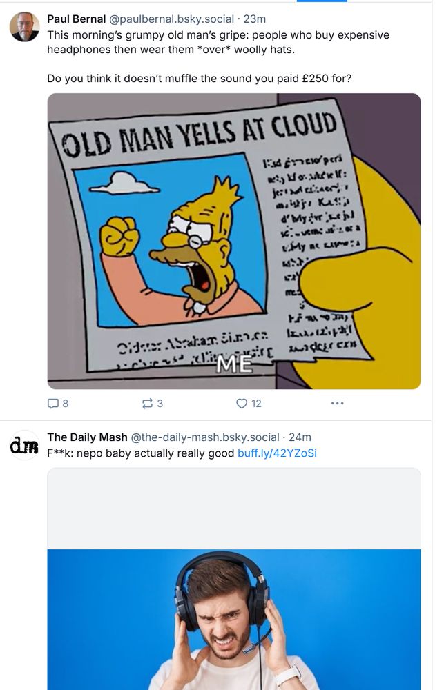 Post from Paul with post from Daily Mash featuring a picture of a man grimacing while wearing headphones