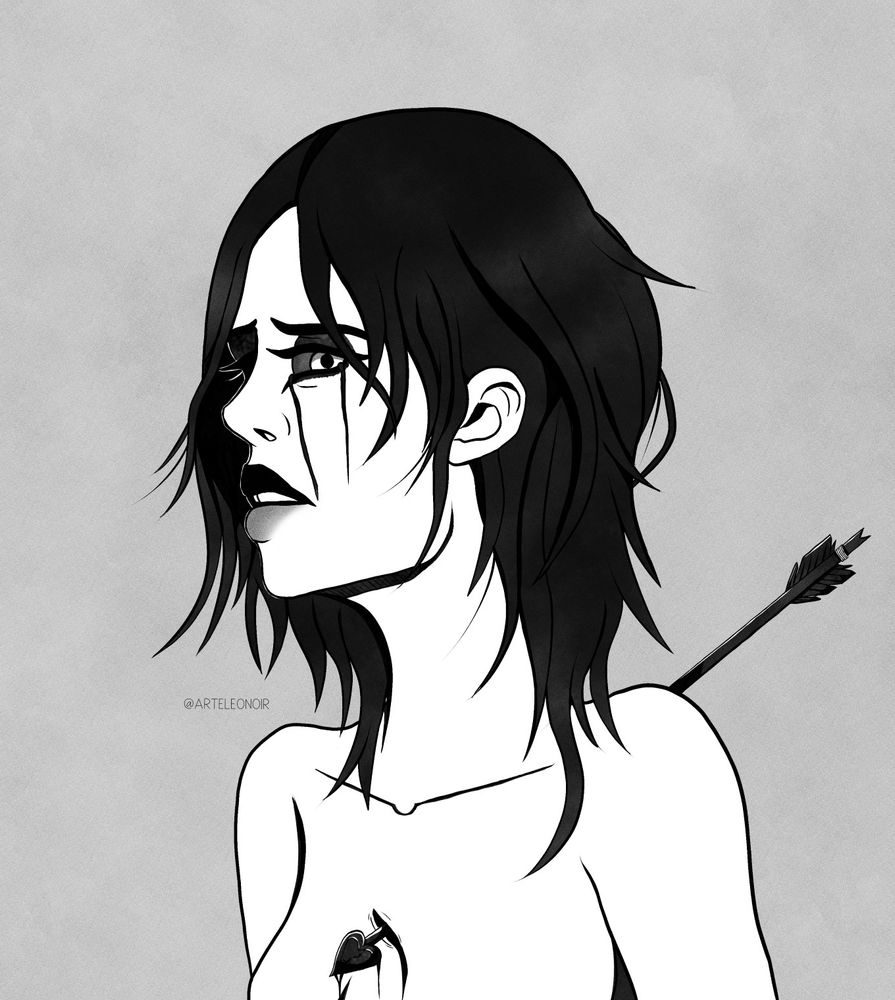 Woman with a sorrowful expression on her face stumbles as an arrow pierces her back, coming out through her chest. The head of the arrow is shaped as a heart, and tears of blood comes down her eyes.