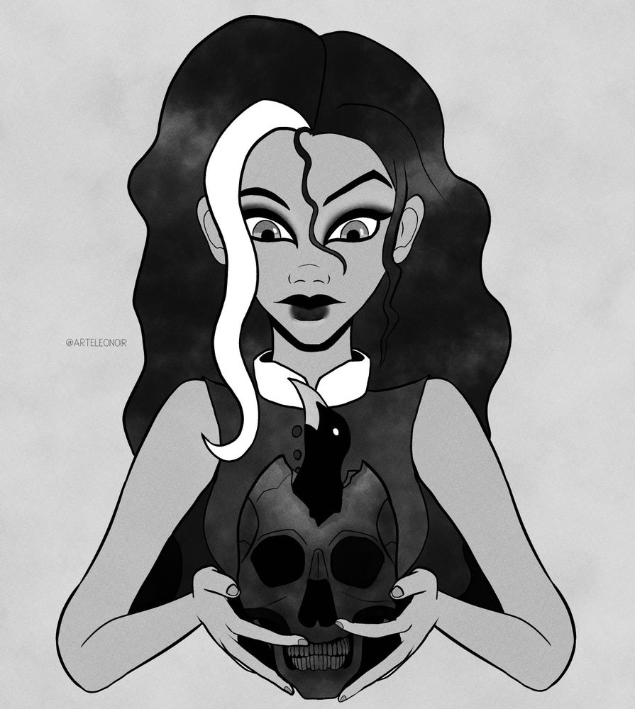A girl picks up a darkened skull with a slightly amused expression. The top of the skull is cracked open like an egg, and a raven stares up at her from the hole, sticking its head out.