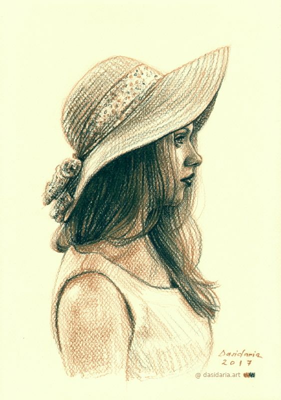 portrait of a young woman wearing a hat, profile view, drawing in colored pencils on a light yellow paper.