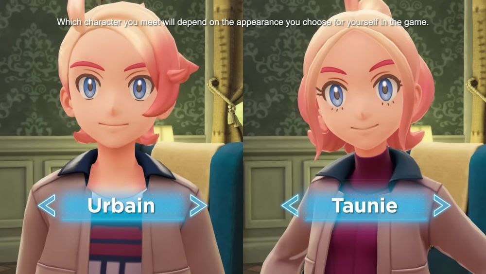 Two counterpart characters from Pokémon Legends: Z-A
One is masc presenting and is labeled as Urbain, and one is femme presenting and is labeled as Taunie
Text on the image says "Which character you meet will depend on the appearance you chose for yourself in the game"