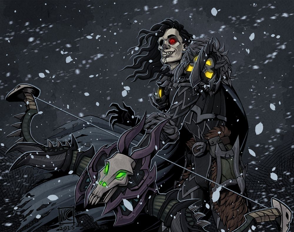 A forsaken hunter looks down upon the viewer (victim?) having just taken a shot with his unreasonably ornate dragonskull bow, He is in a blizzard.