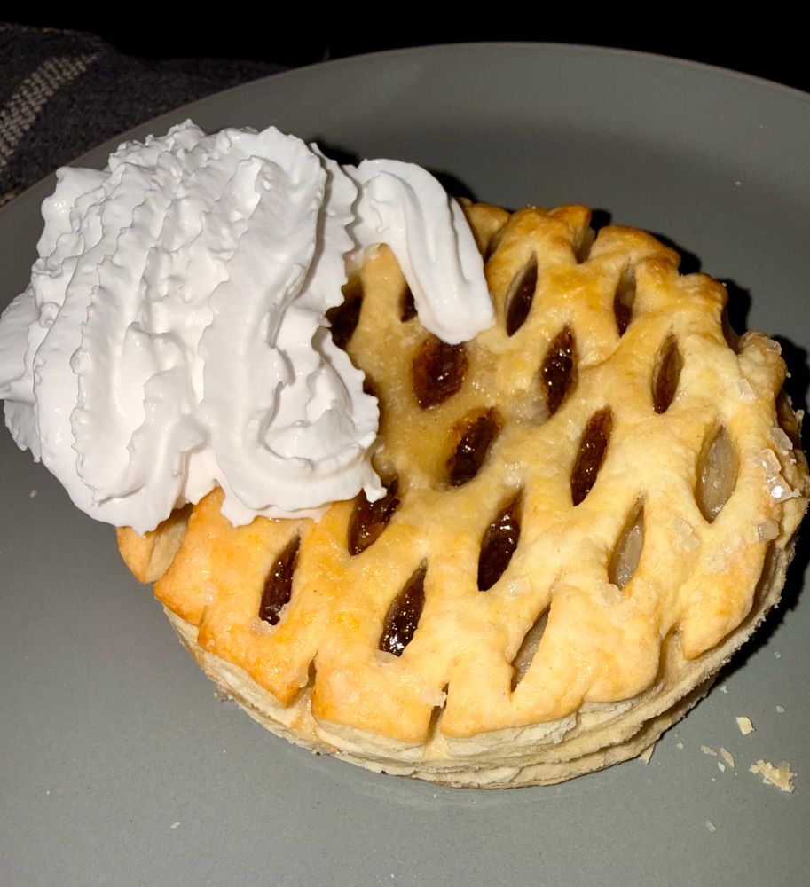 A mince pie with lattice pastry and a squirt of dairy free cream