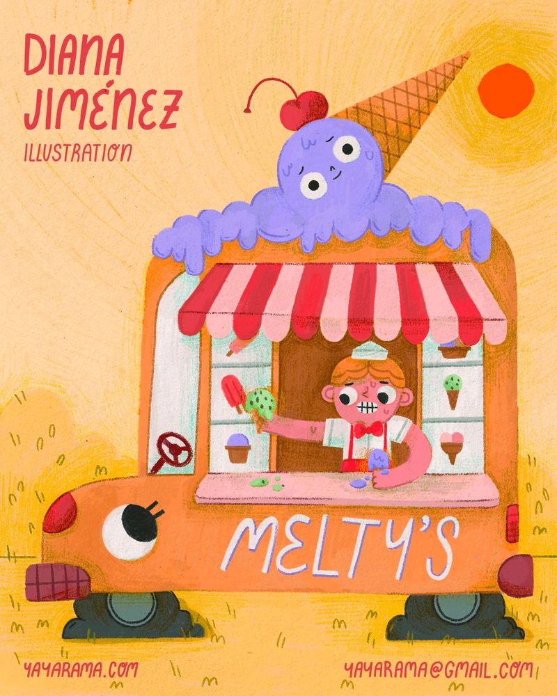 Illustration of an ice cream truck on a hot day, the big ice cream cone on the top is melting, the ice cream in the hands of the ice cream vendor is melting, even the tires are melting!