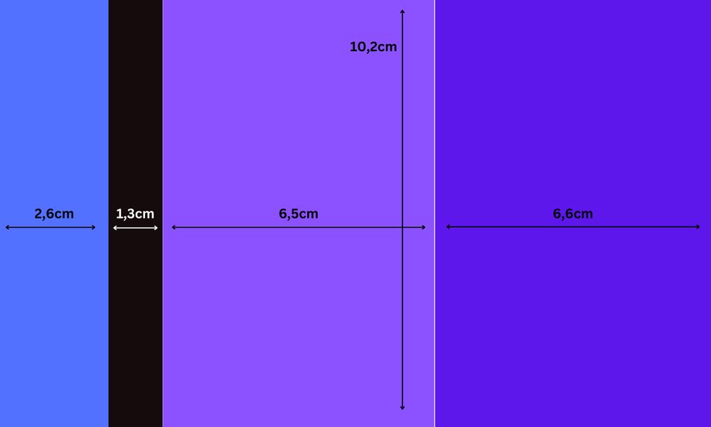 A template graphic detailing the measurements for a cassette tape case. Height: 10.2 cm. Width, left to right: inner flap 2.6cm, spine 1.3cm, front cover 6.5cm, inner flap 6.6cm.