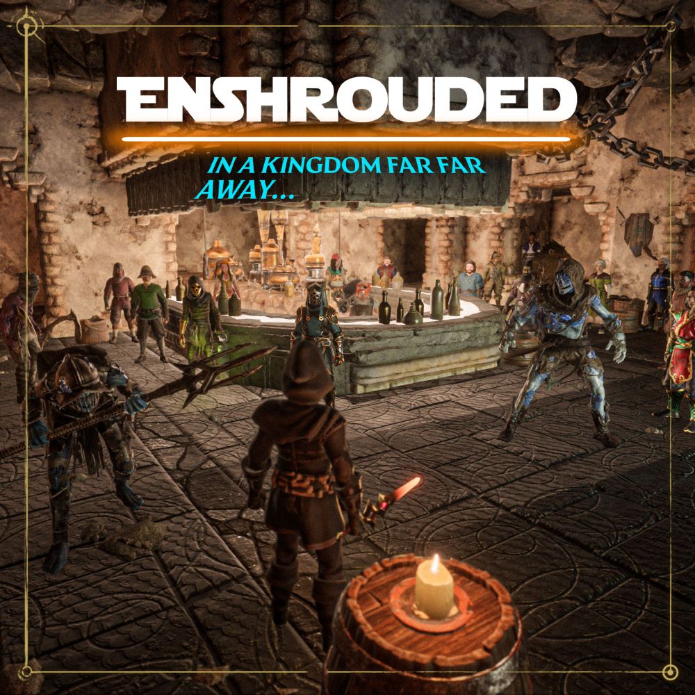 The Mos Eisley cantina rebuilt in Enshrouded, with a gallery a Enshrouded villains and NPCs alike. The words "in a kingdom far far away..." appear underneath the Enshrouded logo in a Star Wars font.