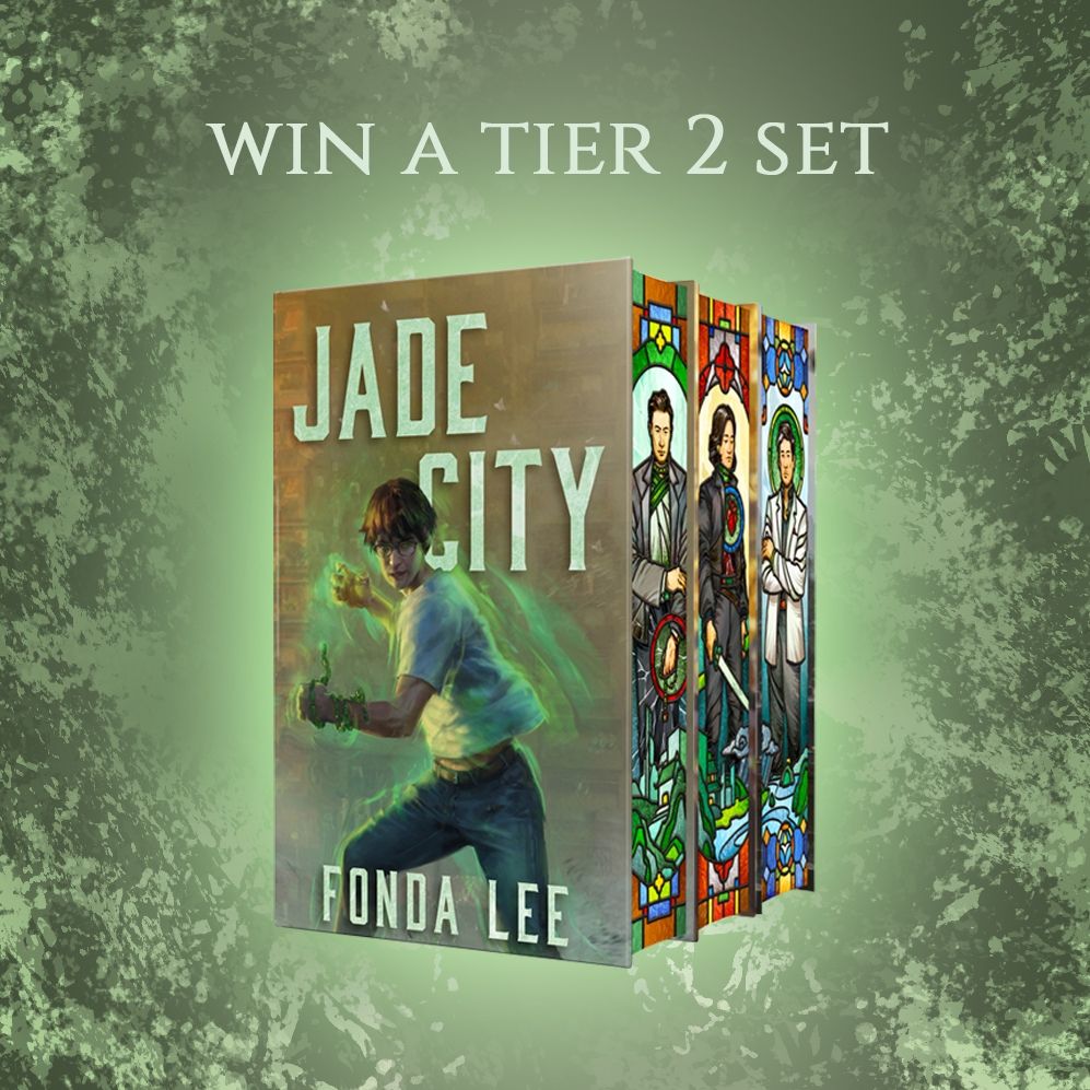 Green Bone Saga, The Broken Binding special editions. Jade City by Fonda Lee. Digital edges and new artwork on jackets. Banner has a green background with a seafoam texture