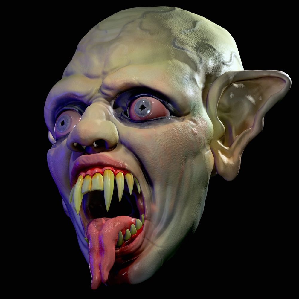 3d sculpt of a vampire with rows of sharp fangs. Bulbous eyes and veins popping out of its skin