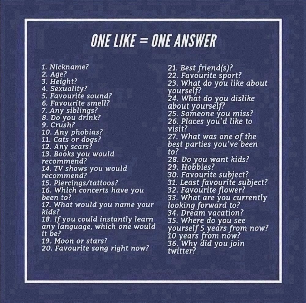 List of 36 personal questions headlined “ONE LIKE = ONE ANSWER”. Too much to transcribe so I’ll put the questions in with my answers. 
