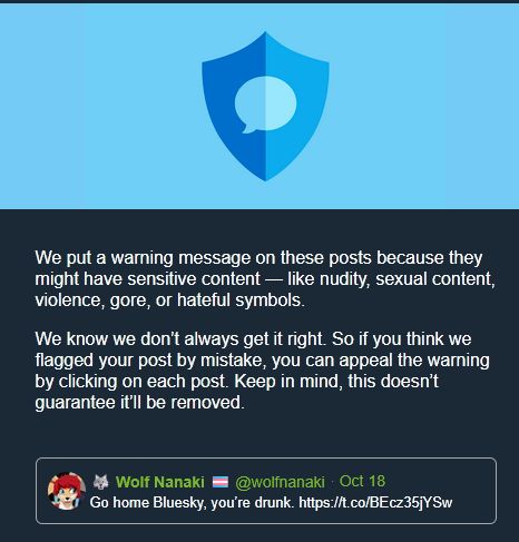 A screenshot of Twitter flagging a post, reading: "We put a warning message on these posts because they might have sensitive content — like nudity, sexual content, violence, gore, or hateful symbols. We know we don’t always get it right. So if you think we flagged your post by mistake, you can appeal the warning by clicking on each post. Keep in mind, this doesn’t guarantee it’ll be removed."