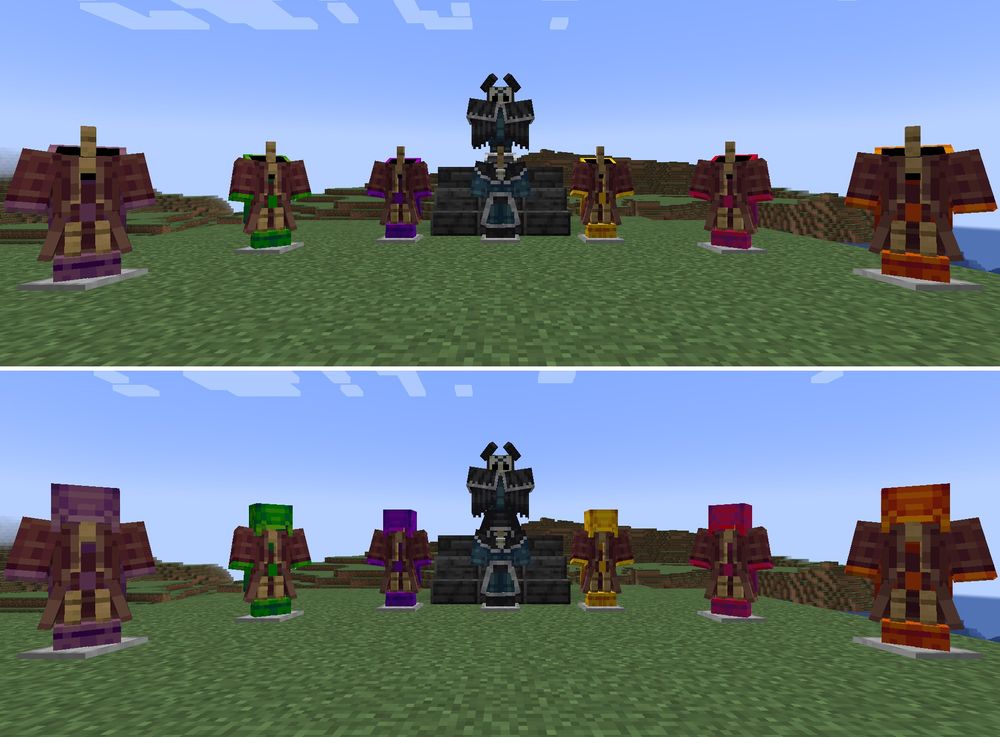 an array of armor stands with different sets of robes placed on them. six of them are open at the body and have different highlight colors (none, green, purple, yellow, red, and orange) pertaining to something I'm not disclosing right now :p

in the center is a different set of robes, covering much of the body in its black, blue, and white folds. behind it sits a menacing, armored set with a large feather cloak draped around the shoulders, a skull mask with horns, and spike-toed boots.

all of the robes, minus the one with the feather cloak, have hoods. the top image shows them when they're down, and the bottom image shows them when they're up. when up, the hoods obscure most of the face.