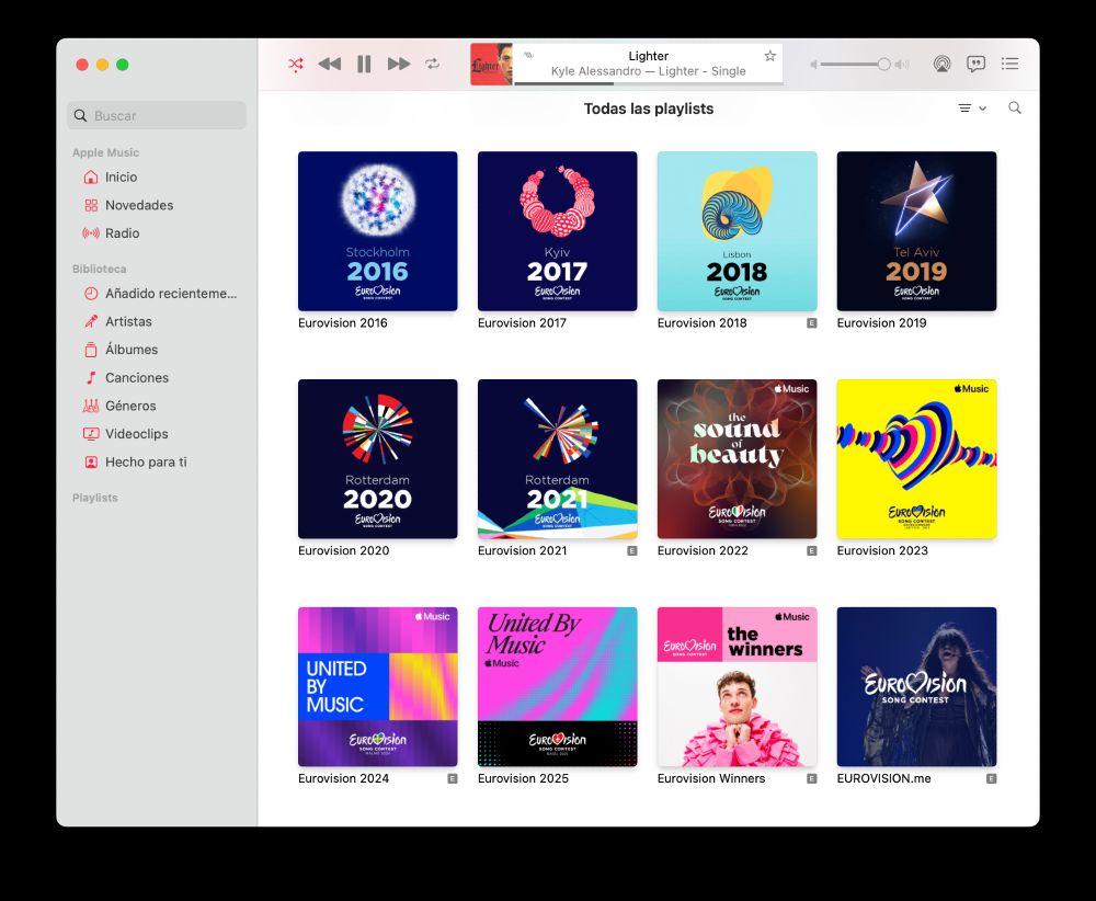 Captura de pantalla de Apple Music con playlists de los festivales de 2026 en adelante. Se incluye también una playlist de ganadores del festival con Nemo en la carátula.