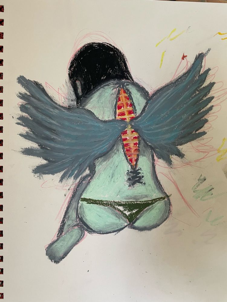 An oil pastel drawing of a girl in the middle with her back turn to us with a wound sliced open showing bones. wings are growing inside and are spread out.