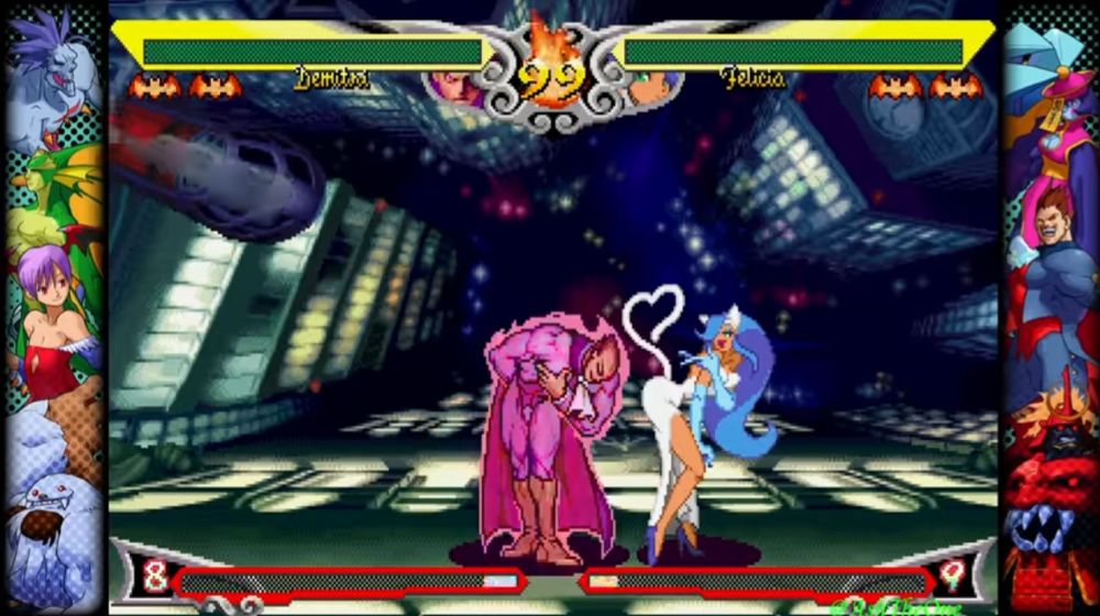 Demitri Maximoff Midnight Bliss move. It changes Felicia outfit and Felicia is outfit change is inspired by old Hollywood aesthetic and is wearing a white dress with blue light gloves. Her tail is making the shaped of a heart 