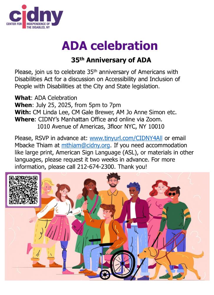 Animation style image of various people with disabilities and info on CIDNY's ADA celebration.