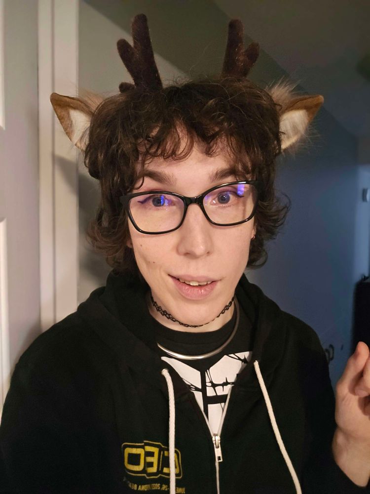 me, dressed the same as my fursona, wearing a headband with deer antlers and ears