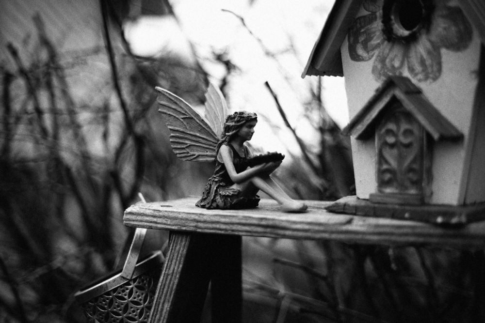 a black-and-white photo of a small fairy statuette next to a birdhouse