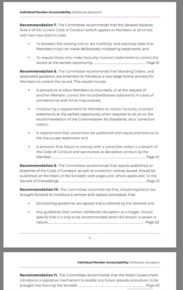 Summary of key recommendations (2), Report on Individual Member Accountability: Deliberate deception. Welsh Parliament Standards of Conduct Committee, February 2025