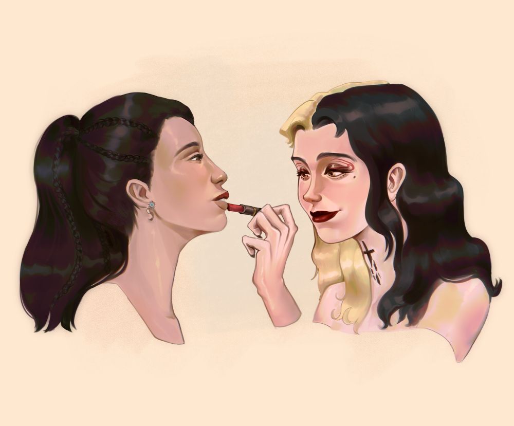 Ban (an OC with serpentine earrings and a braided ponytail) has her lipstick applied by Al (an OC with split black and blonde hair and a broken sword neck tattoo). 
