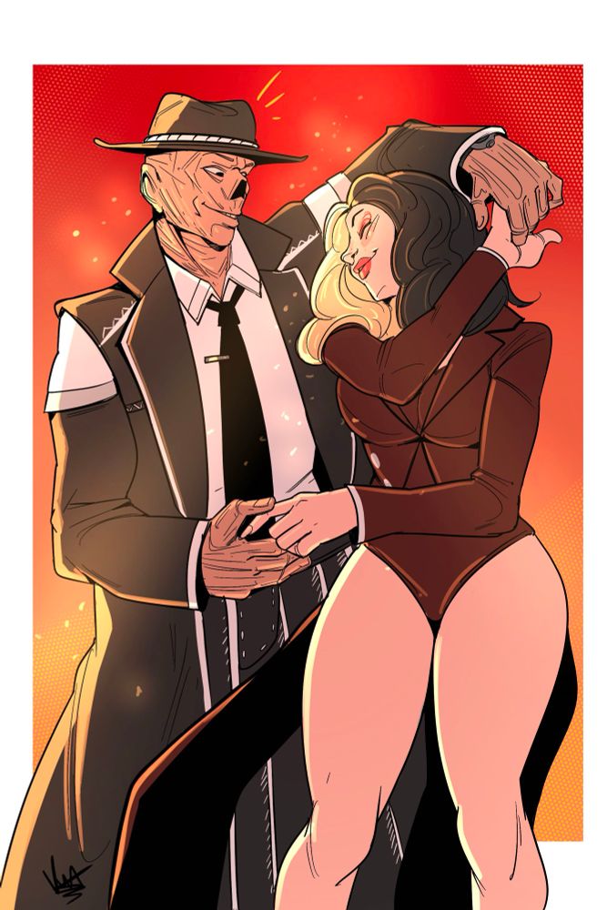 Cooper Howard from the Fallout tv show wears an outfit inspired by Walton Goggins Met Gala fit and dances with an OC (Al Summers) with split blonde and black hair. Al is wearing an outfit like the one that Sabrina Carpenter wore to the Met Gala. There’s some sunshine-y lighting. 