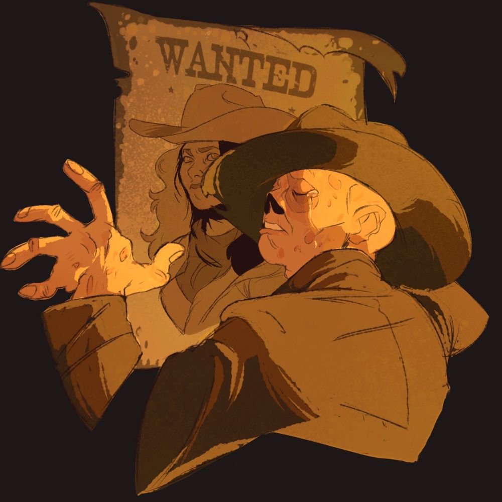 Cooper looks sad and yearns over a wanted poster of my OC Al. 