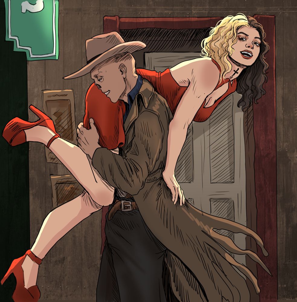 Al is wearing a red dress with red hands at the neck and red heels, being carried off by Cooper. They’re both laughing and having a great time. 