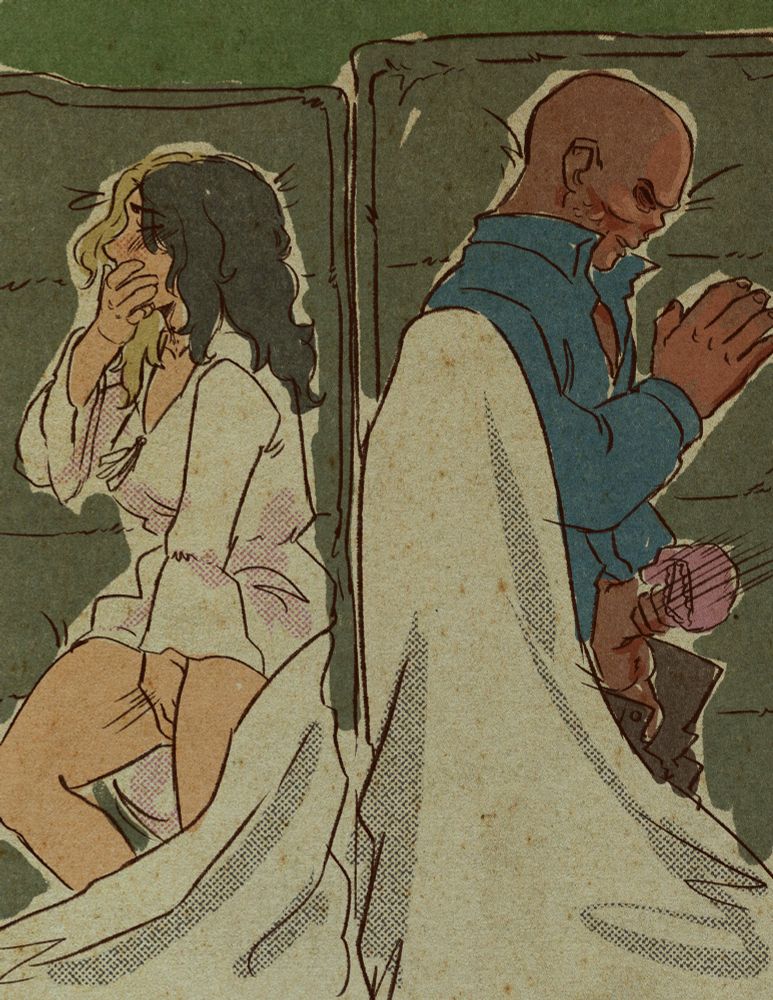 Cooper Howard (a ghoul from the Fallout tv show) and Al Summers (a woman with split black and blonde hair and a broken sword neck tattoo) lay on sleeping bags, facing away from each other. Cooper is jerking off using a pair of her pink panties, Al is listening and touching herself to the sounds of him masturbating, while covering her mouth to muffle the noises. 