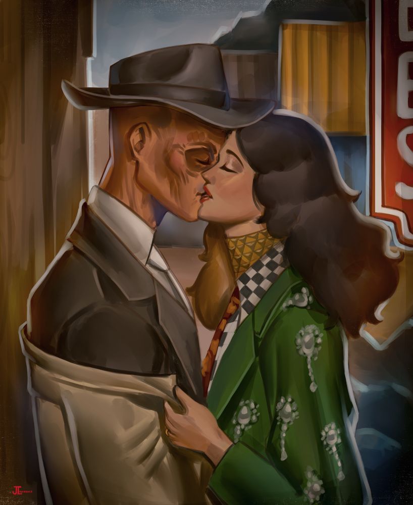 A kiss between Al and Cooper Howard where she’s grabbing at his coat and pushing him against a wall. 