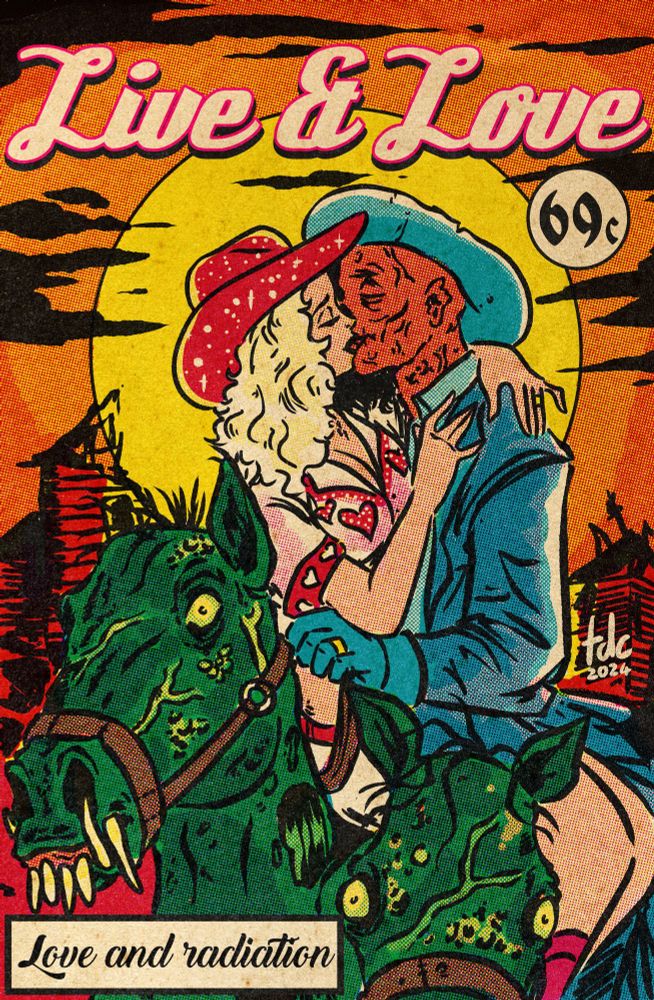 Al and Cooper Howard smooch in brightly colored western wear while atop a rad-horse with multiple heads. The sun blazes over a desert behind them. 
