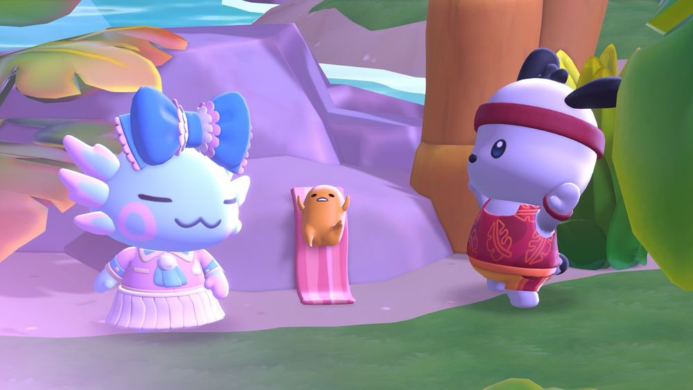 A blue and pink axolotl character and Pochacco, the black and white puppy character, are standing next to a small egg character named Gudetama who is stretched out on a piece of bacon sitting on a rock